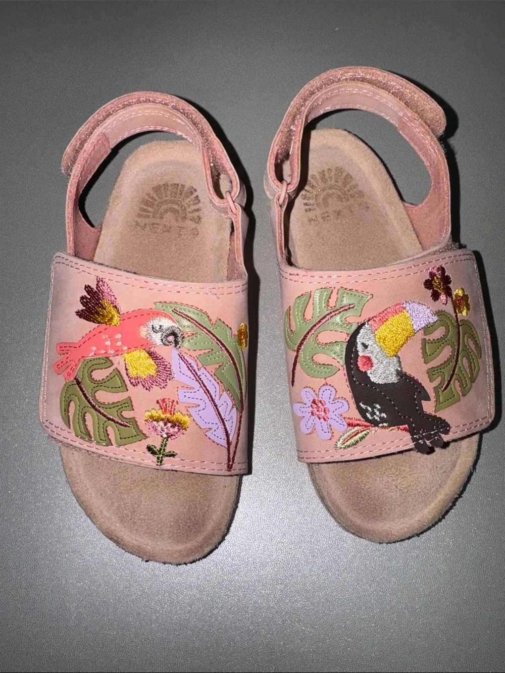 Next Kids Girls Pink Embroidered Toucan Parrot Corkbed Sandals Size 10